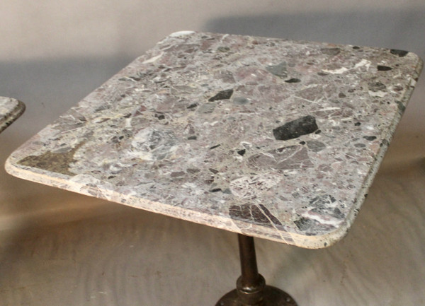 Pair Of Bistro Tables Cast Iron Base Marble Top