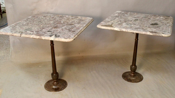 Pair Of Bistro Tables Cast Iron Base Marble Top