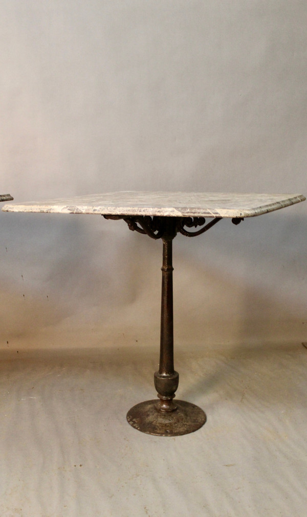 Pair Of Bistro Tables Cast Iron Base Marble Top