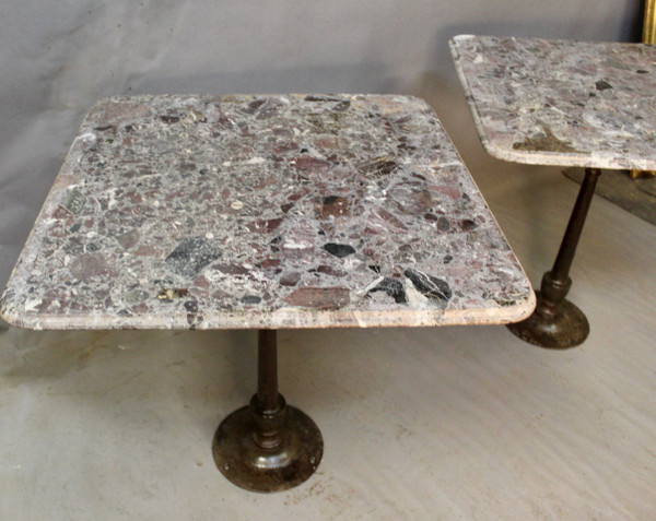 Pair Of Bistro Tables Cast Iron Base Marble Top
