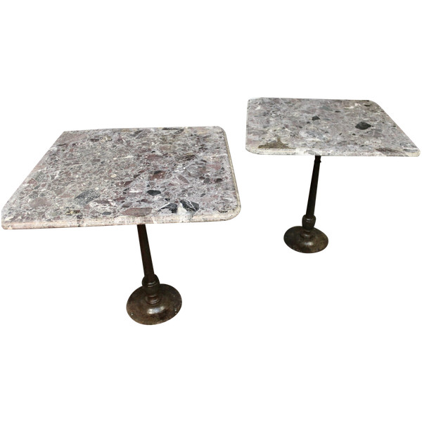 Pair Of Bistro Tables Cast Iron Base Marble Top