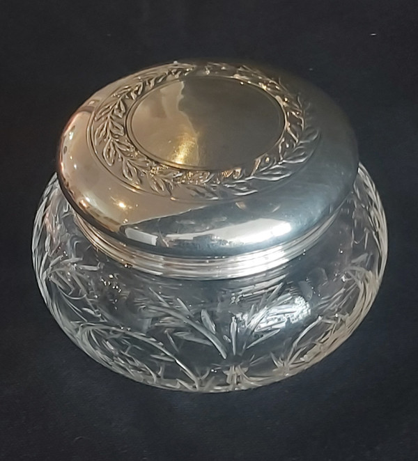 Small cut crystal candy box with silver lid