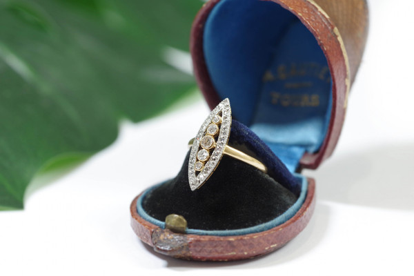 Anello marquise con diamanti in oro giallo 18k e platino, anello di fidanzamento, matrimonio
