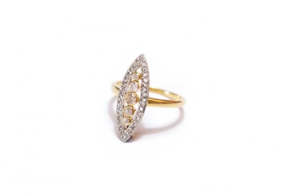 Anello marquise con diamanti in oro giallo 18k e platino, anello di fidanzamento, matrimonio