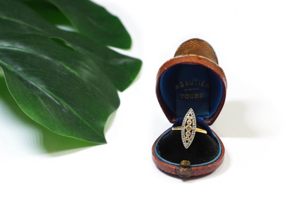 Anello marquise con diamanti in oro giallo 18k e platino, anello di fidanzamento, matrimonio
