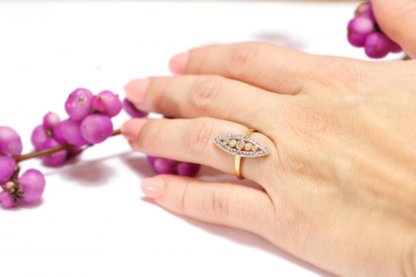 Anello marquise con diamanti in oro giallo 18k e platino, anello di fidanzamento, matrimonio