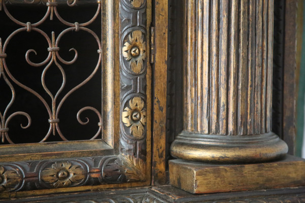 Large mesh cabinet, richly carved and gilded, baroque style, Italy 20th century