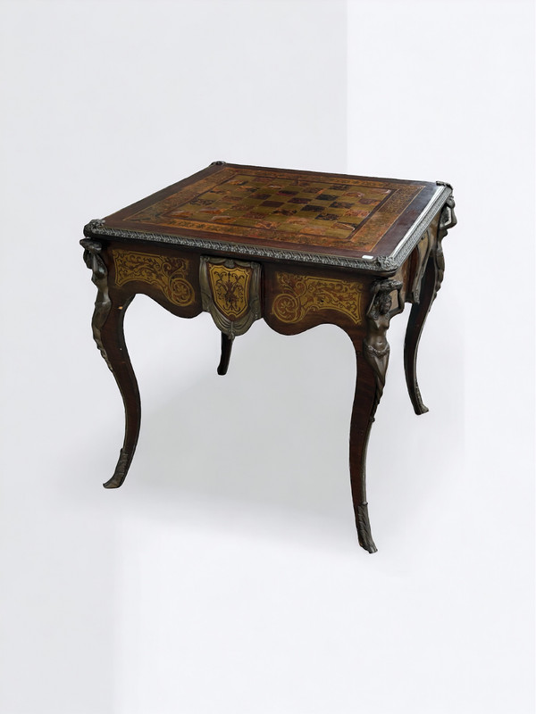 Table à Jeux De Style Louis XV Napoléon III Marqueterie Boulle D’époque XXème Siècle 