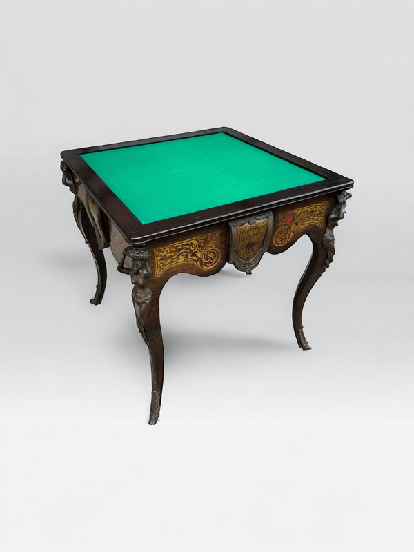 Table à Jeux De Style Louis XV Napoléon III Marqueterie Boulle D’époque XXème Siècle 