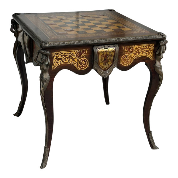 Table à Jeux De Style Louis XV Napoléon III Marqueterie Boulle D’époque XXème Siècle 