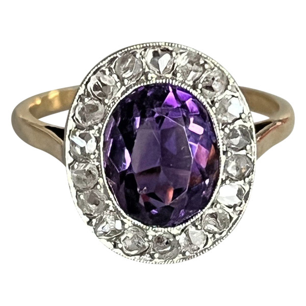 5223- Anello con diamante e ametista in oro antico