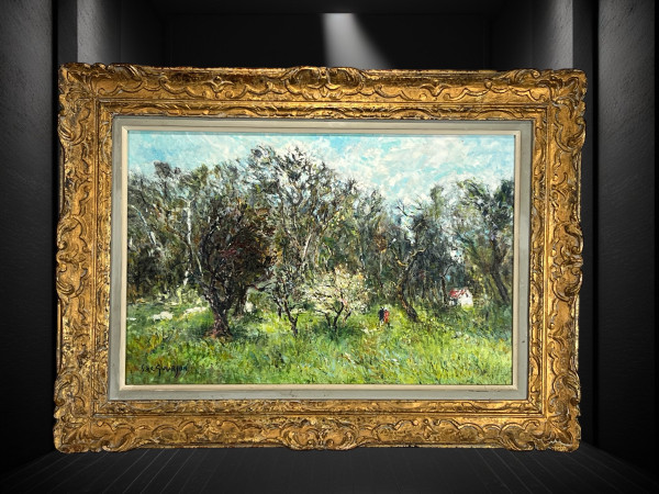GEMÄLDE / ÖL AUF KARTON / „ANIMIERTE WANDERLANDSCHAFT UNTERZEICHNET SHC GOURJON 1912