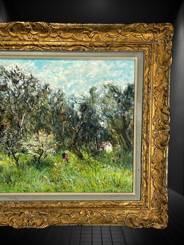 GEMÄLDE / ÖL AUF KARTON / „ANIMIERTE WANDERLANDSCHAFT UNTERZEICHNET SHC GOURJON 1912