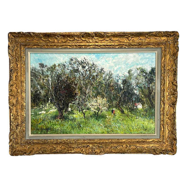 GEMÄLDE / ÖL AUF KARTON / „ANIMIERTE WANDERLANDSCHAFT UNTERZEICHNET SHC GOURJON 1912