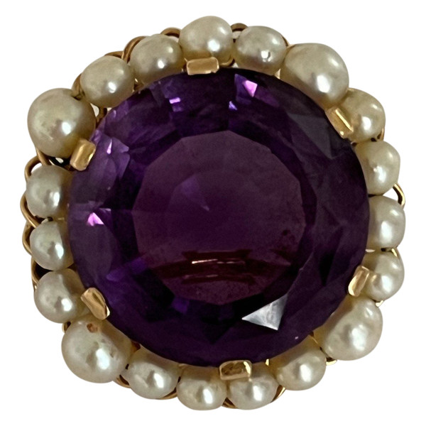 5253 – Amethyst-Perlenbrosche aus Gelbgold aus den 1960er Jahren