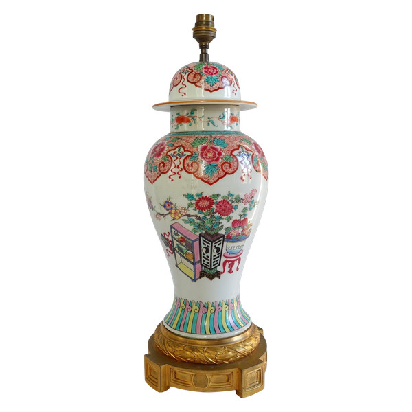 Potiche-Lampe aus chinesischem Famille-Rose-Porzellan und vergoldeter Bronze aus der Zeit Napoleons III