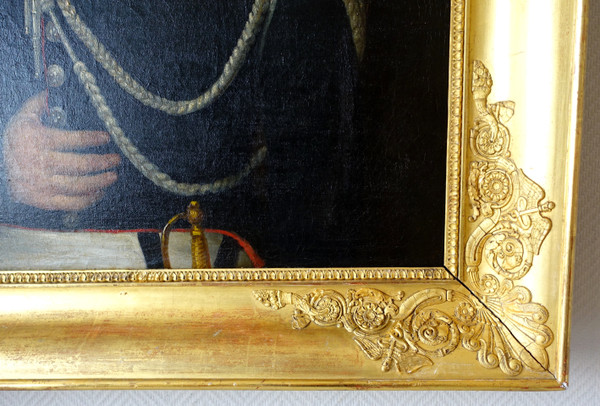 Großes Porträt eines Hauptmanns eines Kürassieroffiziers des Kaiserreichs, Öl auf Leinwand um 1820