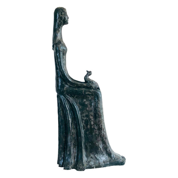 Scultura "Donna con uccello" in ceramica smaltata nera di Paulette Toma, Francia anni '60