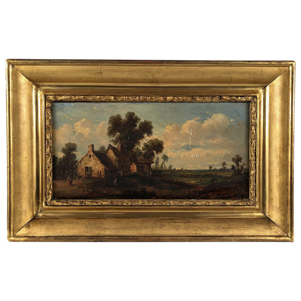 Godchaux. Olio su tavola, paesaggio animato. 19esimo secolo