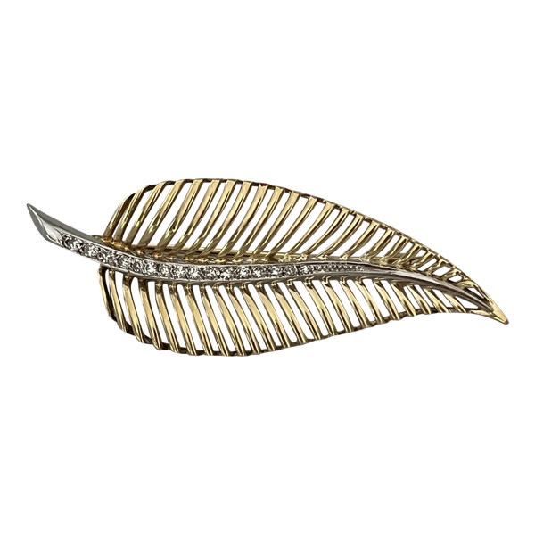 5324- Yellow Gold And Grey Diamonds Feather Brooch