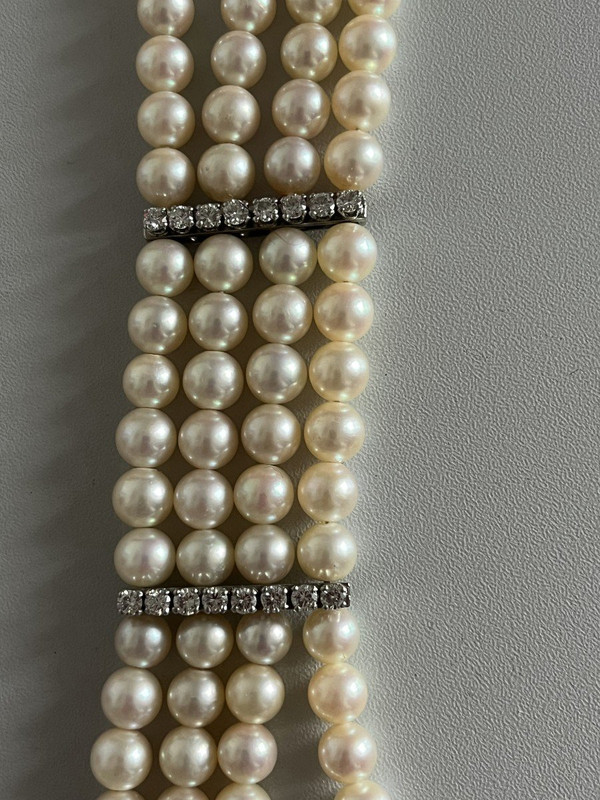 5329- Bracciale 4 fili di perle con barre di diamanti