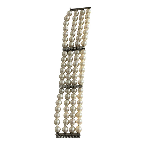 5329- Bracciale 4 fili di perle con barre di diamanti