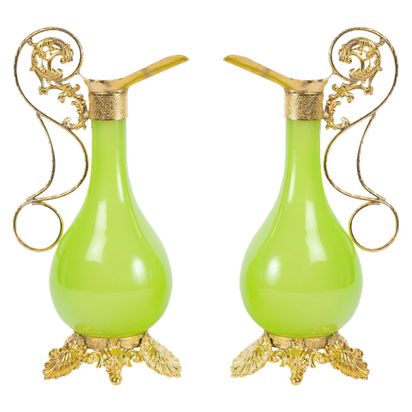 A pair of opaline ewers with gilt bronze ornamentation, Napoleon III