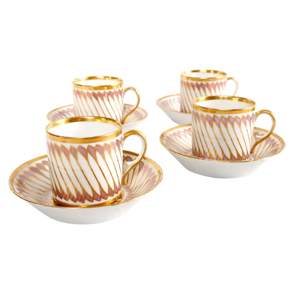 Dagoty: series of 4 litron-shaped coffee cups in Paris porcelain, Empire period