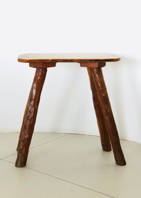 Brutalist stool in olive wood, France 1970s