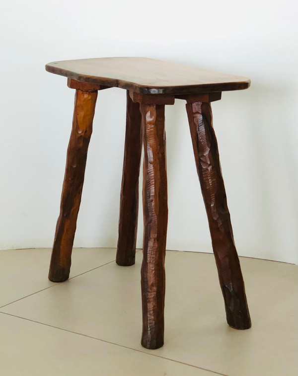 Brutalist stool in olive wood, France 1970s