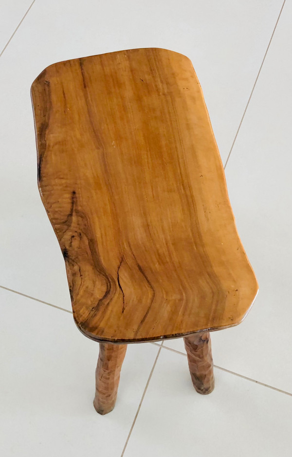 Brutalist stool in olive wood, France 1970s