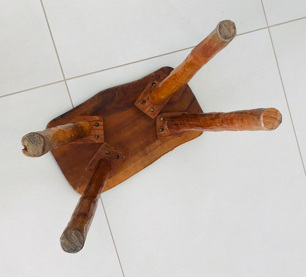 Brutalist stool in olive wood, France 1970s