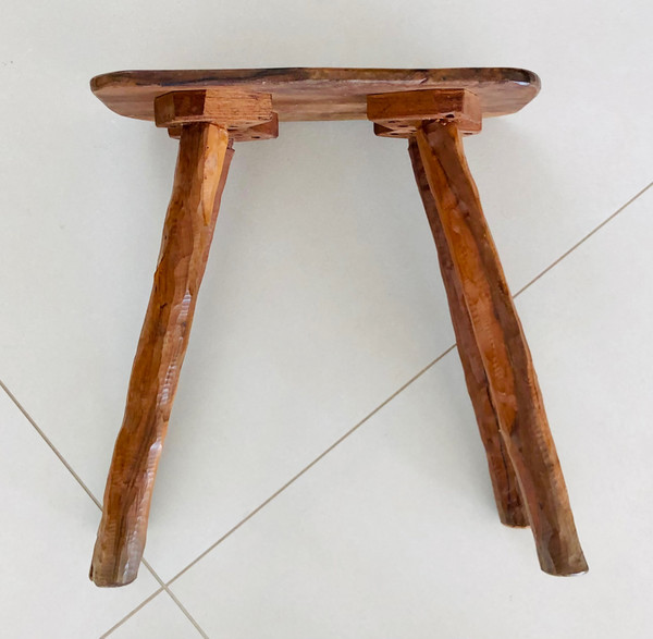 Brutalist stool in olive wood, France 1970s