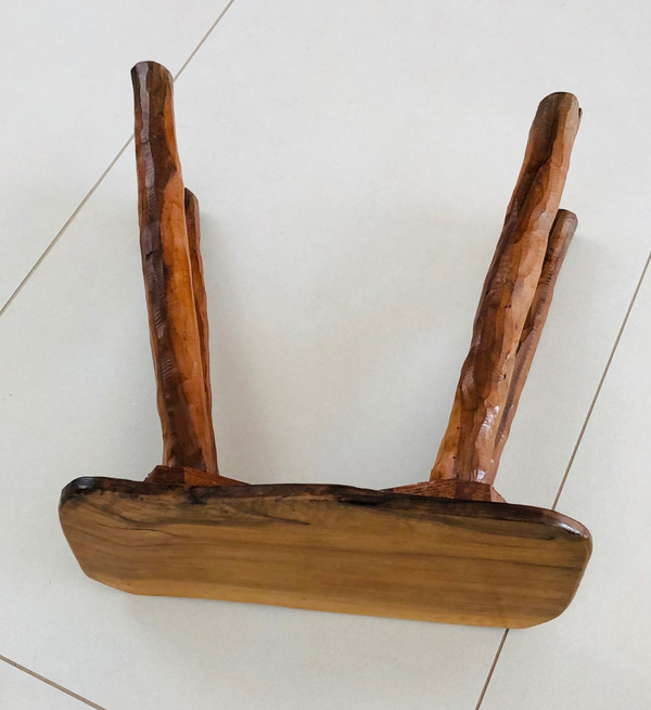Brutalist stool in olive wood, France 1970s