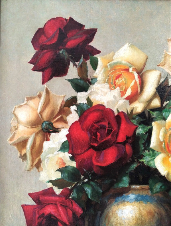 Malerei Öl auf Leinwand Stillleben Rosen von Gaston Albert - Lavrillier