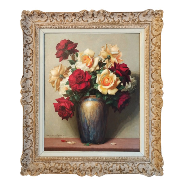 Malerei Öl auf Leinwand Stillleben Rosen von Gaston Albert - Lavrillier