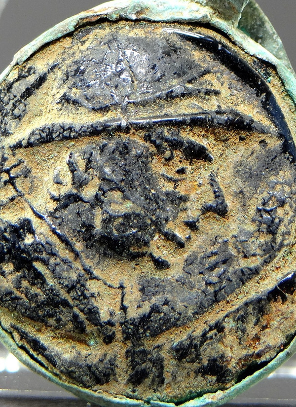 Baktrianische Zivilisation, 171-145 v. Chr., Seltenes Glasmedaillon Profil König Eukratides Megas.