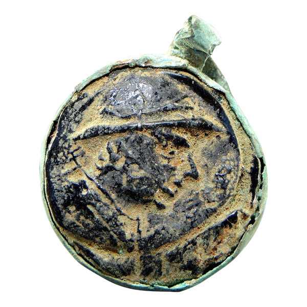 Baktrianische Zivilisation, 171-145 v. Chr., Seltenes Glasmedaillon Profil König Eukratides Megas.