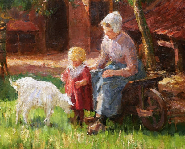 Bernard Jean Corneille POTHAST, Bäuerin und ihre Tochter in einem sonnigen Bauernhof