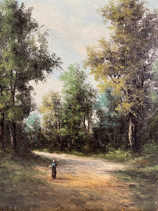 Alain Bonnaud (20th), small oil on canvas. "Woman on a forest path".