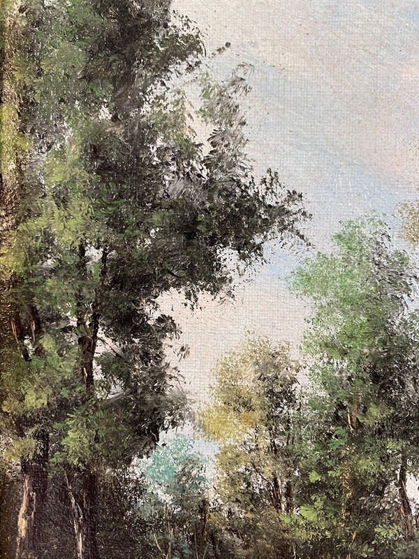 Alain Bonnaud (20th), small oil on canvas. "Woman on a forest path".