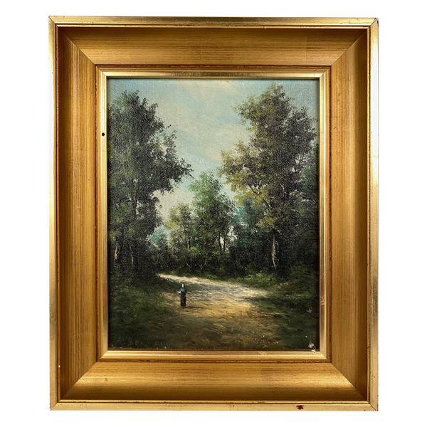Alain Bonnaud (20th), small oil on canvas. "Woman on a forest path".