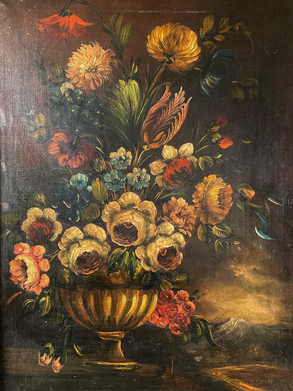 Holländische Schule aus dem 19. Jahrhundert, Öl auf Leinwand. "Blumenstrauß auf einem Gebälk".