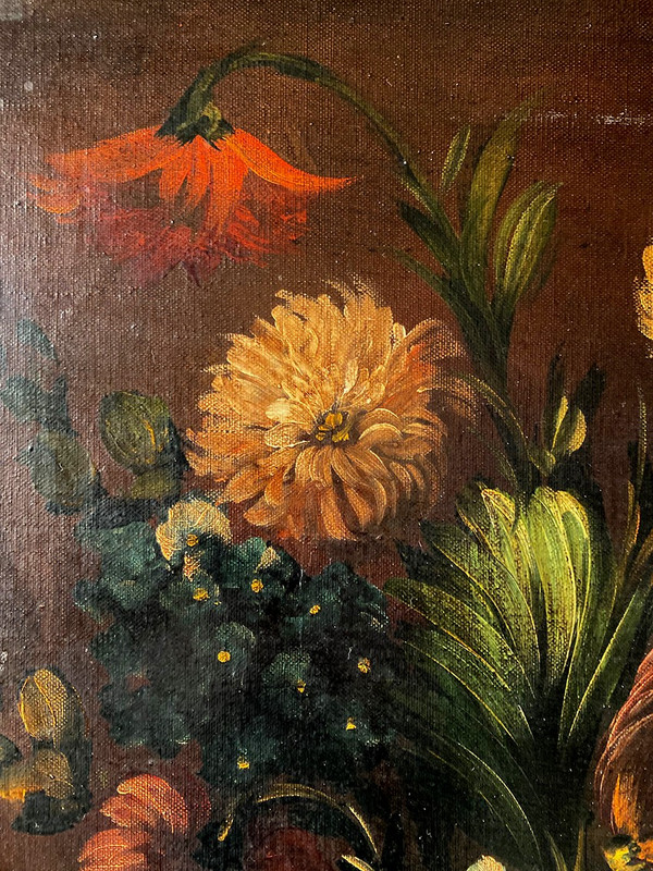 Holländische Schule aus dem 19. Jahrhundert, Öl auf Leinwand. "Blumenstrauß auf einem Gebälk".