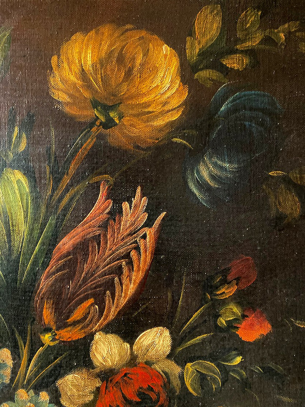 Holländische Schule aus dem 19. Jahrhundert, Öl auf Leinwand. "Blumenstrauß auf einem Gebälk".
