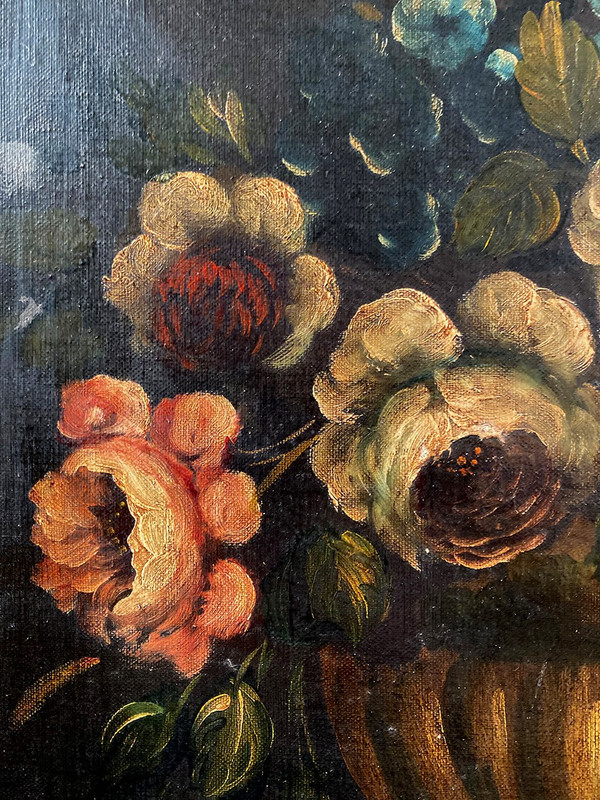 Holländische Schule aus dem 19. Jahrhundert, Öl auf Leinwand. "Blumenstrauß auf einem Gebälk".