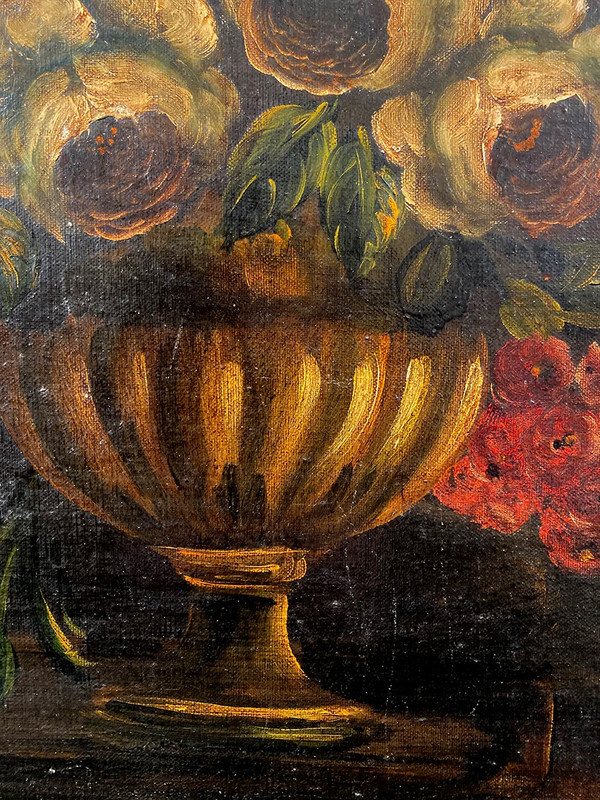 Holländische Schule aus dem 19. Jahrhundert, Öl auf Leinwand. "Blumenstrauß auf einem Gebälk".