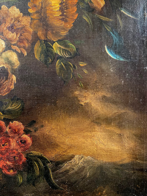 Holländische Schule aus dem 19. Jahrhundert, Öl auf Leinwand. "Blumenstrauß auf einem Gebälk".