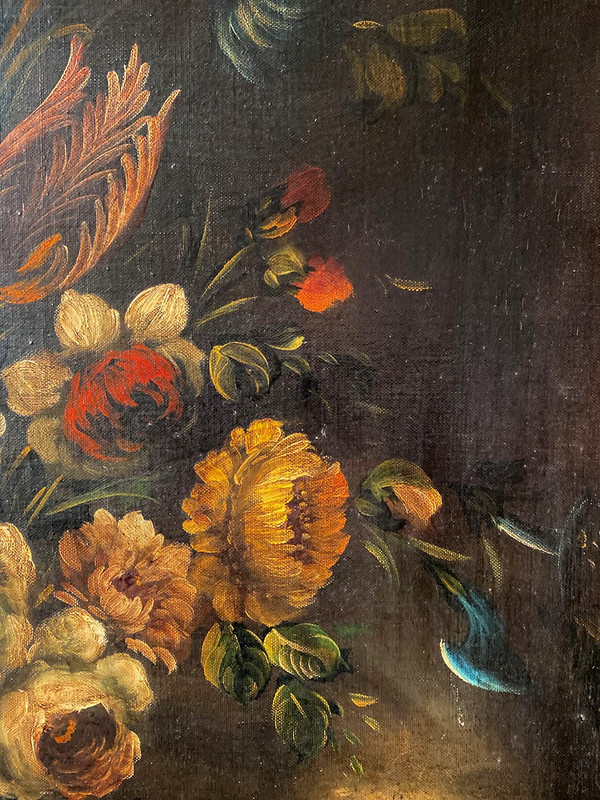 Holländische Schule aus dem 19. Jahrhundert, Öl auf Leinwand. "Blumenstrauß auf einem Gebälk".