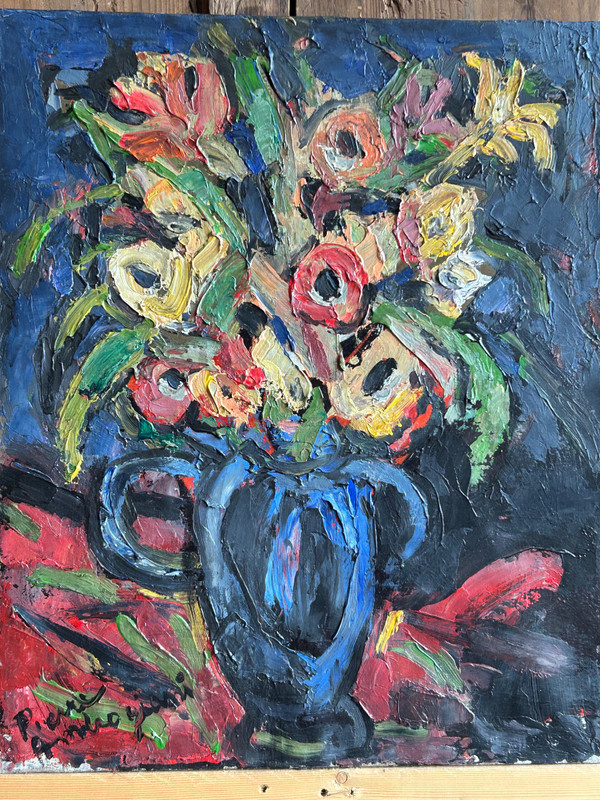 Pierre Ambrogiani (1906-1985) Oil On Canvas - Bouquet De Fleurs Au Vase Bleu